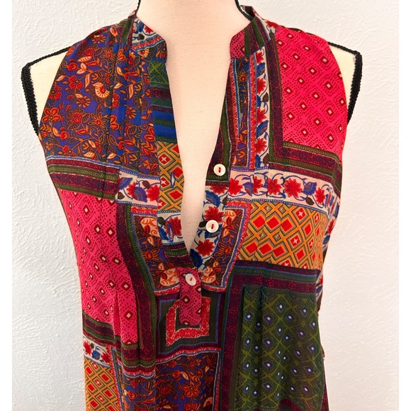 Global Desi Multicolor Patch Print V-Neck Maxi Dress w/ Side Split, S - Picture 2 of 11